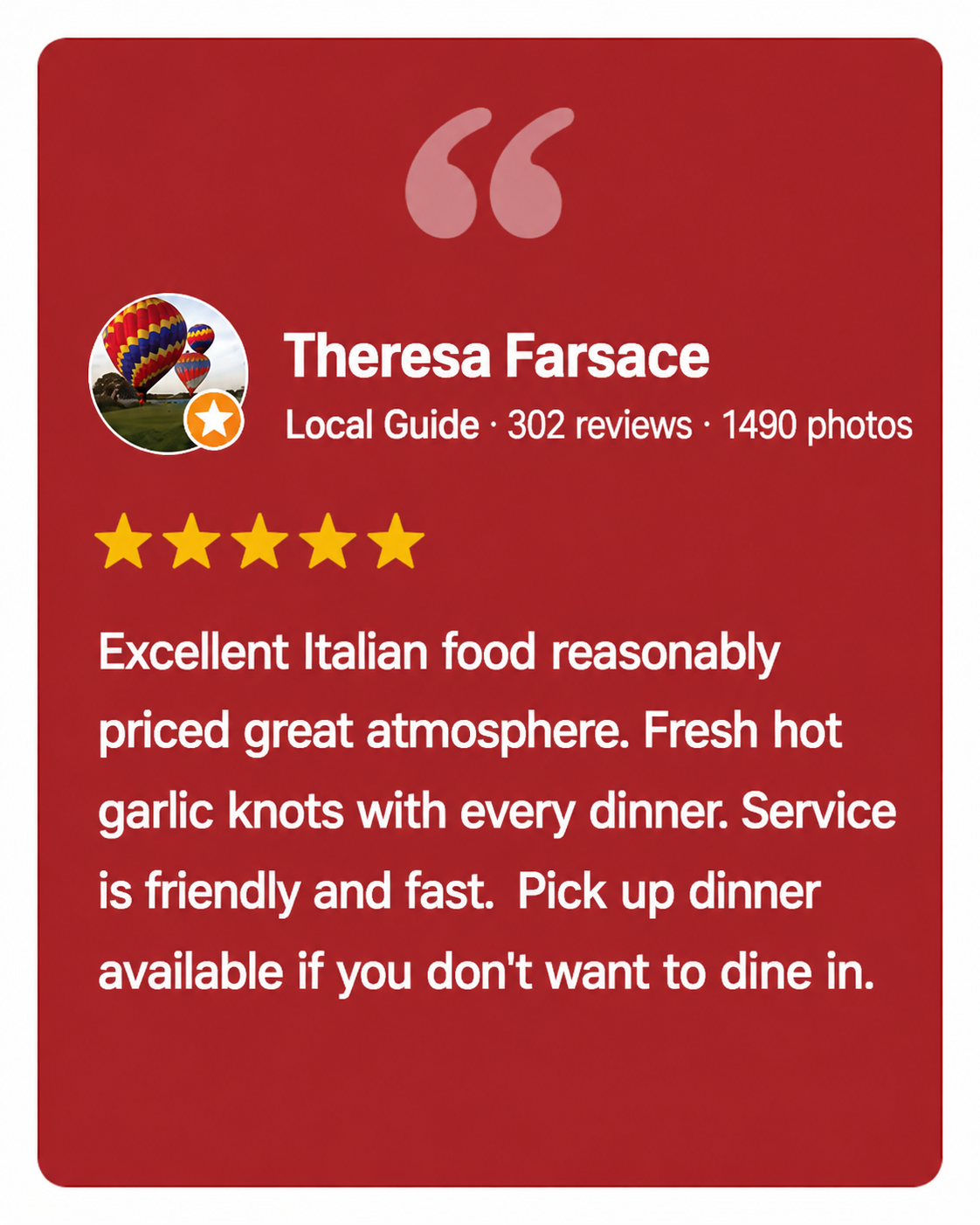  five start google review excellent italian food
