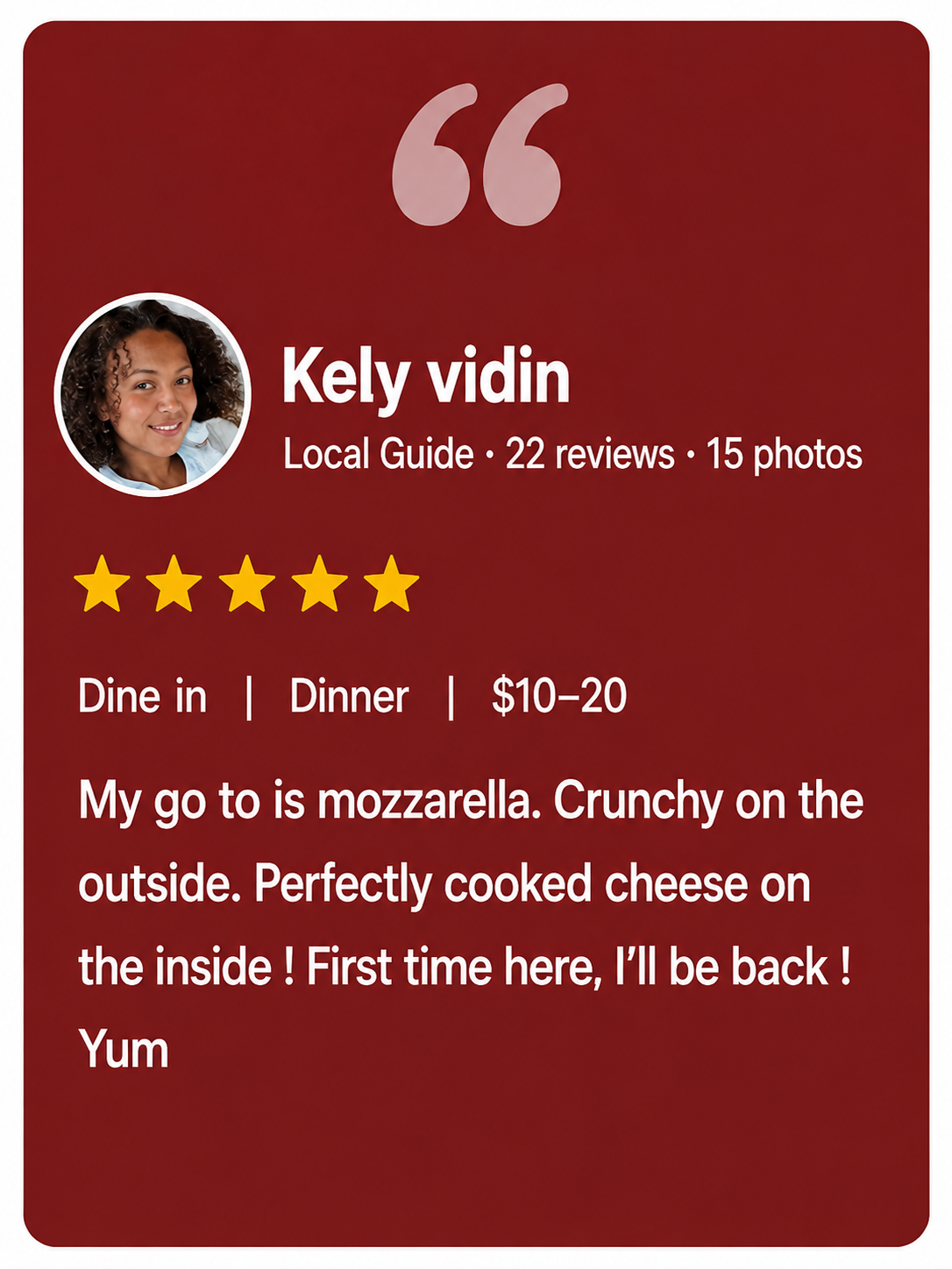  five start google review Perfectly cooked