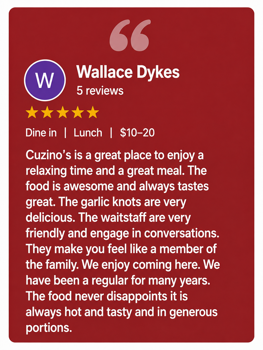  five start google review generous portions