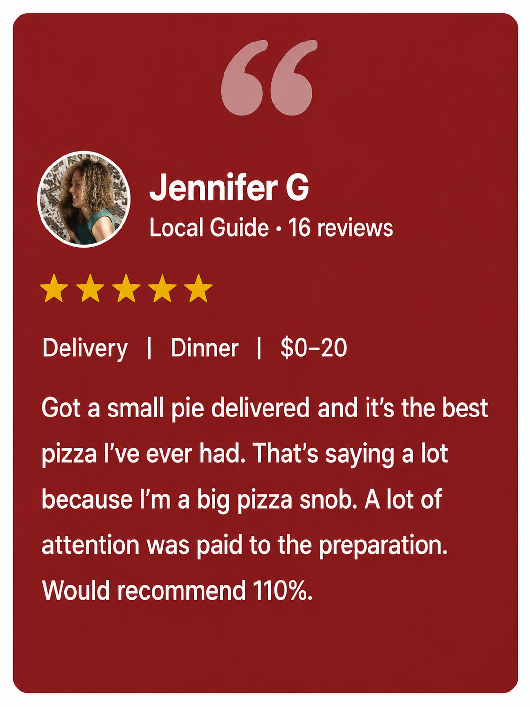  five start google review best pizza